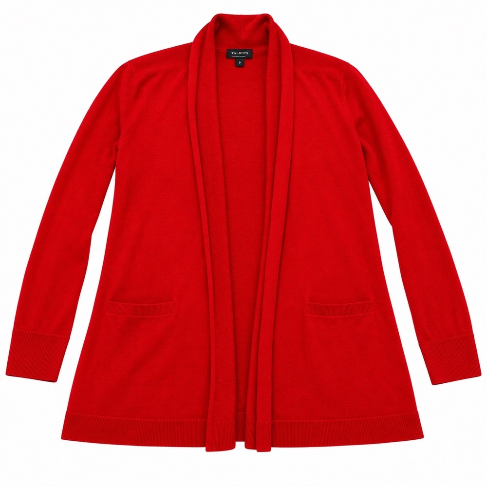 Talbots Womens Large Red Pure Merino Wool Open Front Cardigan Christmas Holidays